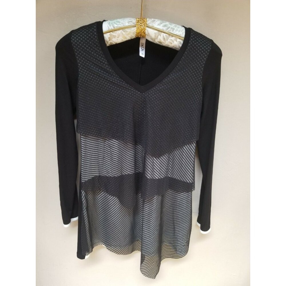 Deca Womens Long Sleeves Top V  Asymmetric Hem Tunic Size 1 Gray Black France